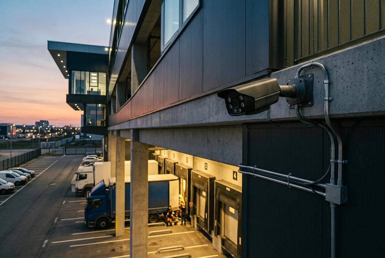 Cámara de seguridad IP tipo Bullet instalada en nave industrial de logística