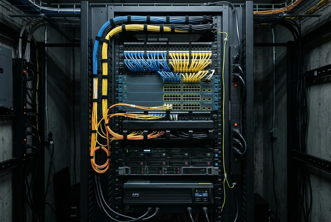 Rack de comunicaciones 42U con switches administrables, patch panels y fibra óptica